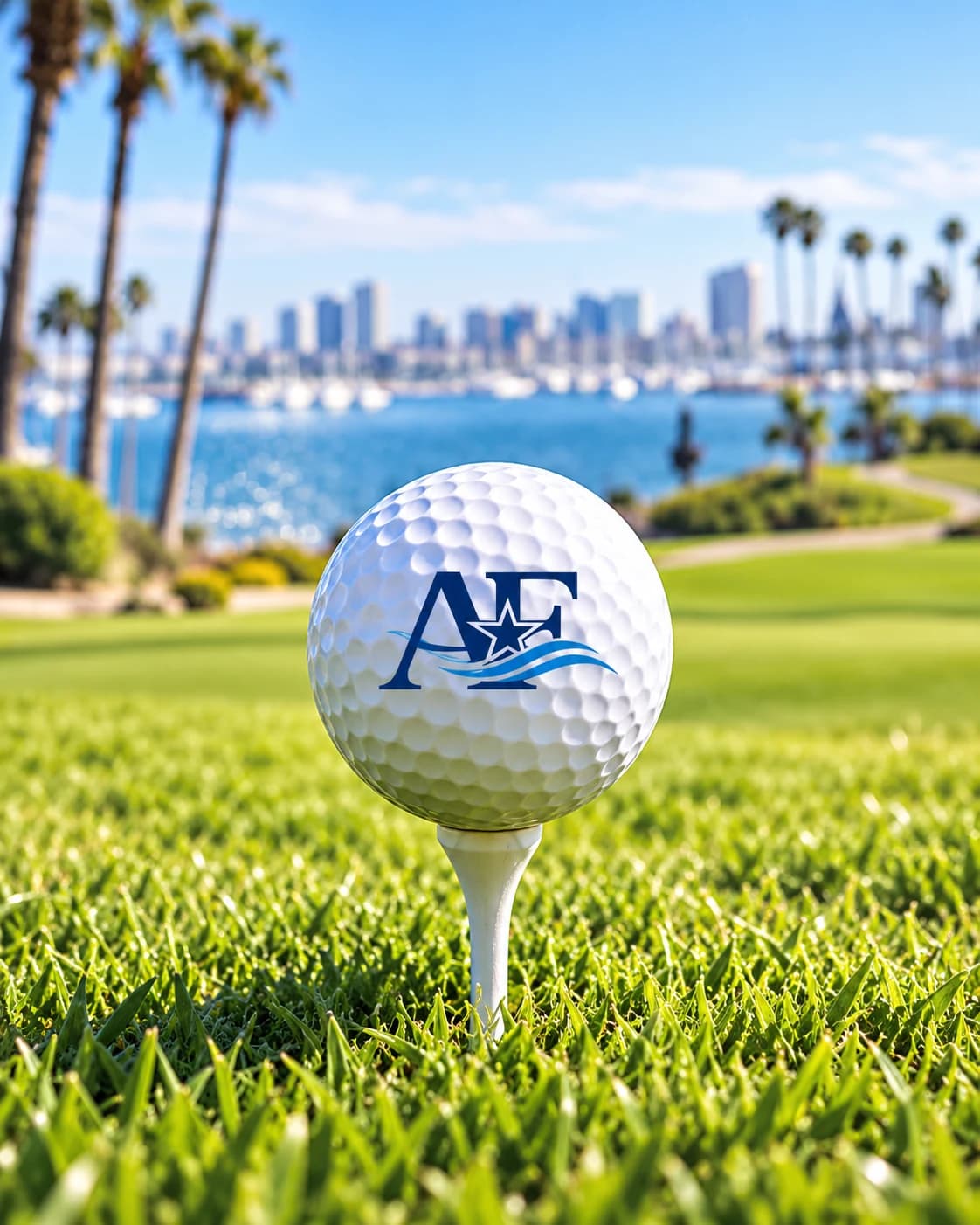 An AFF golf ball on a tee, with palms and a sunlit coastal backdrop